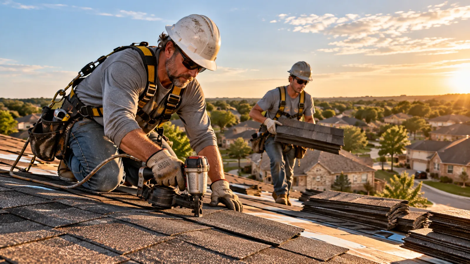 Texas roofing crew installing shingles with workers comp insurance coverage for high-risk construction trade