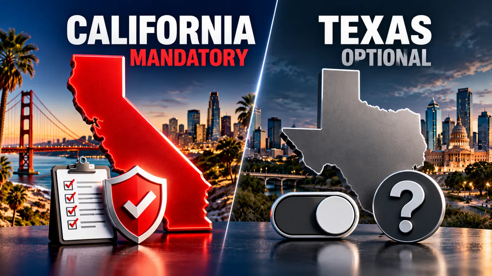 California vs Texas workers comp comparison graphic showing mandatory coverage in California and optional coverage in Texas for small business owners 2026