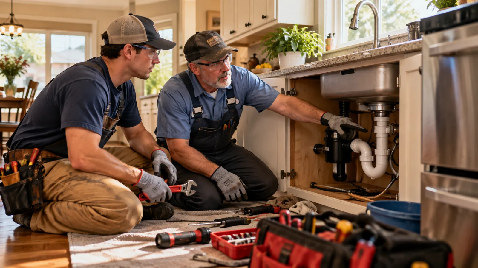 Texas plumber and his helper working under a kitchen sink — workers comp insurance guide for small plumbing businesses in Texas